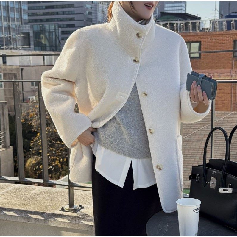 冬季新款韩国代购流行时尚简单百搭纯色休闲风舒适中长款毛昵外套