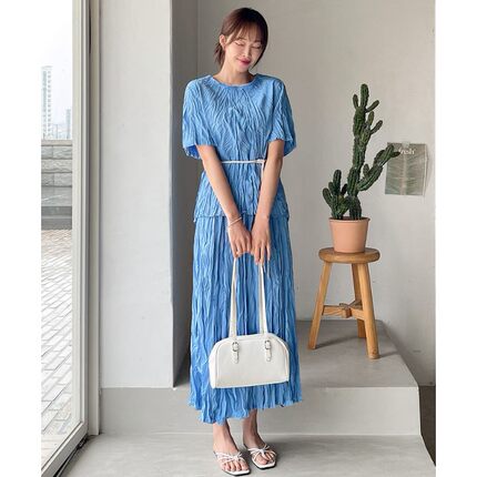 My girl夏季新款韩国代购流行时尚简单淑女风褶皱上衣半身裙套装