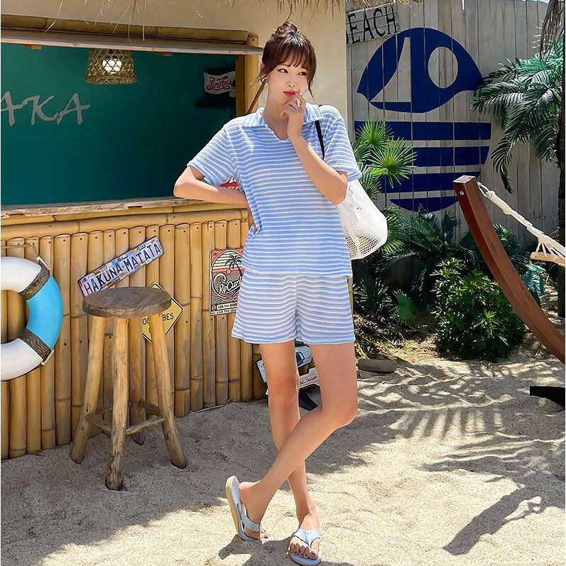 My girl夏季新款韩国代购流行时尚舒适百搭简单条纹T恤短裤套装