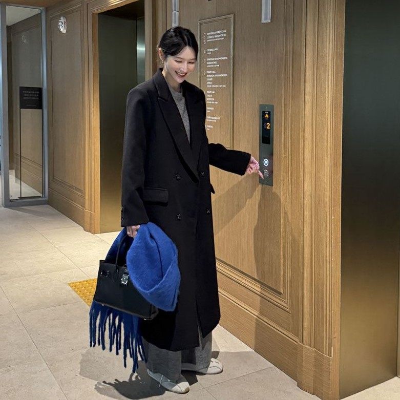 冬季新款韩国代购流行时尚简单百搭纯色休闲风舒适长款毛昵外套