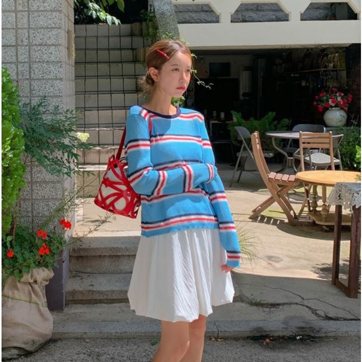 夏季新款韩国代购lylon流行休闲风百搭舒适简单条纹套头针织衫