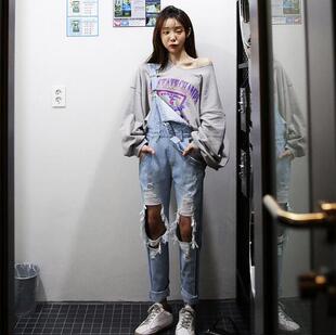 My girl韩国代购春季新女装破洞宽松舒适浅色漂亮背带牛仔裤现