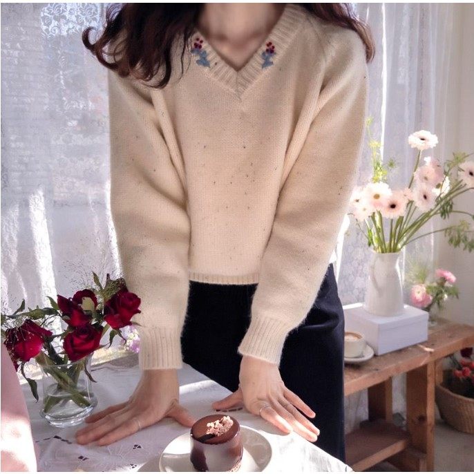 My girl冬季新款韩国代购流行时尚百搭甜美淑女气质V领套头针织衫