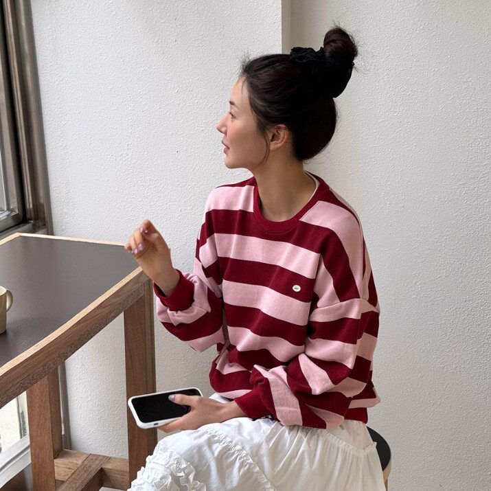 My girl春季新款韩国代购简约流行百搭时尚舒适显瘦条纹套头卫衣