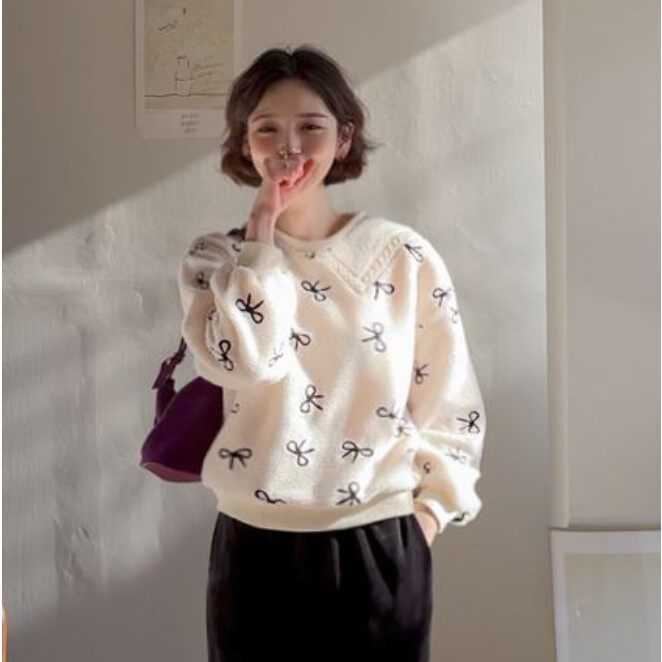 My girl春季新款韩国代购淑女风甜美简约流行百搭蝴蝶结套头卫衣