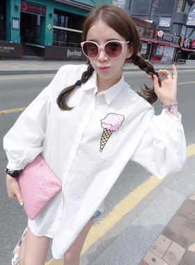 2025秋季QGQ韩国女装甜美风可爱冰淇淋配色宽松舒适长袖衬衫现