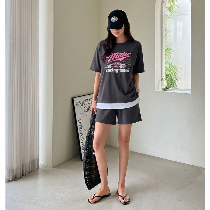 My girl夏季新款韩国代购流行时尚舒适百搭简单字母T恤短裤套装