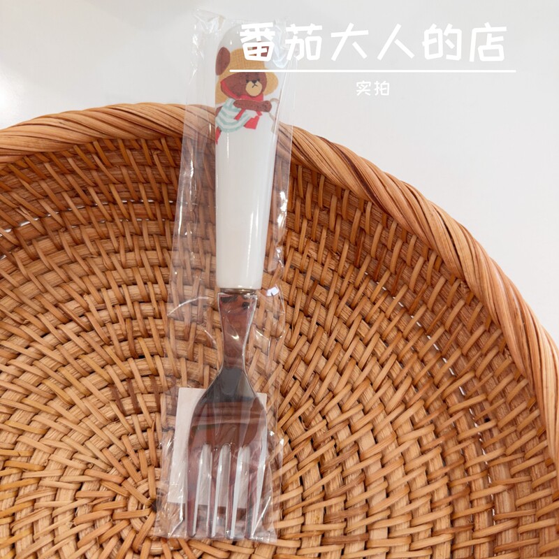现货！日本制上学熊陶瓷柄不锈钢叉子 卡通可爱家用餐具儿童叉