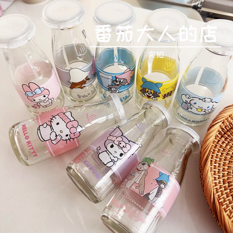 现货!日本制猫和老鼠 Kitty美乐蒂库洛米玉桂可爱玻璃牛奶瓶卡通