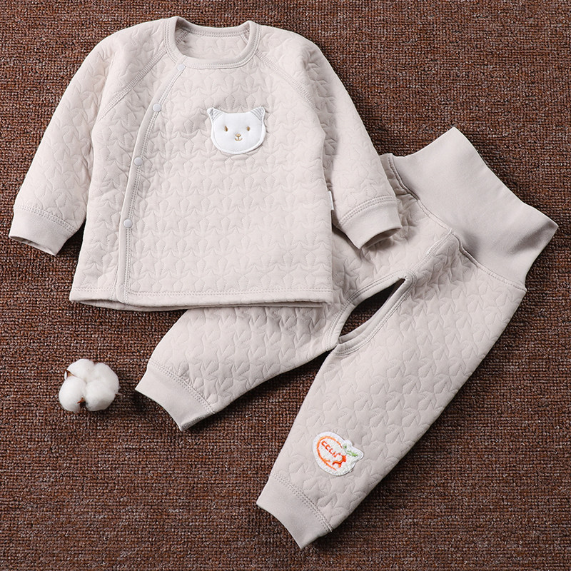婴儿三层夹棉保暖套装秋冬男女宝宝偏襟长袖上衣高腰护肚开裆长裤