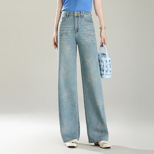 宾利酷堡女裤女浅蓝色烫钻牛仔直筒裤女2026年春季新款高腰休闲窄