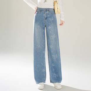 宾利酷堡女裤女美式复古蝴蝶蓝色牛仔裤女2026春季新款高腰显瘦阔