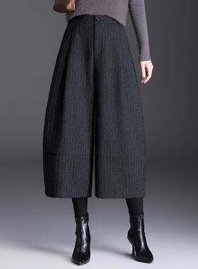 宾利酷堡女裤女竖条纹毛呢裤垂感