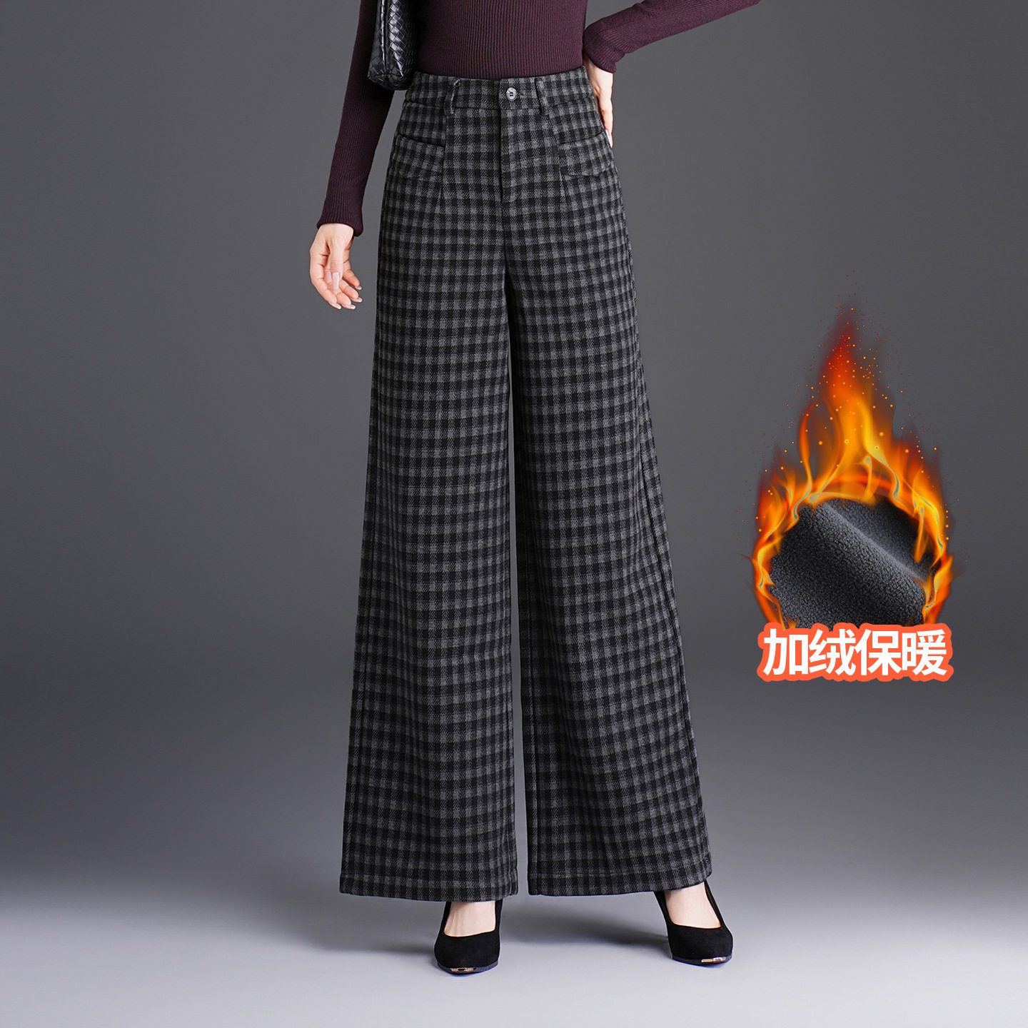 宾利酷堡女裤女格子毛呢阔腿裤女