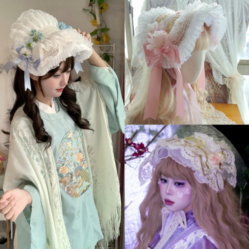原创洛丽塔汉洋折衷帽波奈特BNT田园蕾丝蝴蝶结cla写真lolita草帽