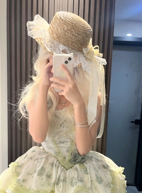 原创lolita手作蝴蝶结洛丽塔女系夏季遮阳防晒田园蕾丝花边草帽子