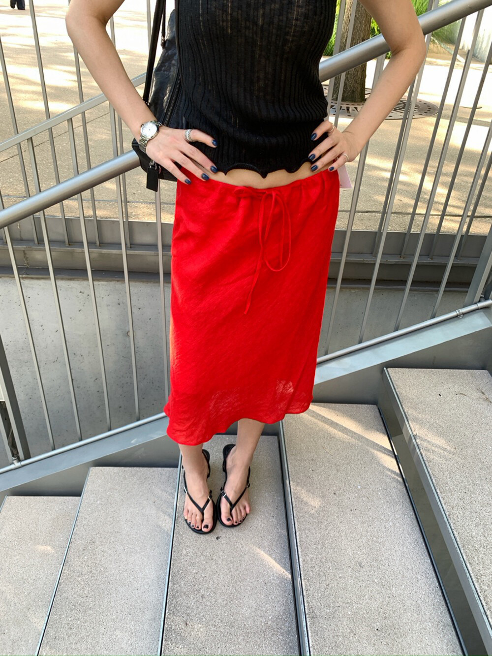 高质感轻薄亚麻 夏季新款抽绳中长款显瘦红色半身裙女