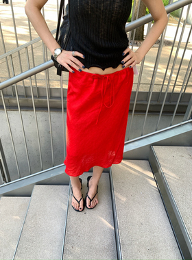 高质感轻薄亚麻 夏季新款抽绳中长款显瘦红色半身裙女
