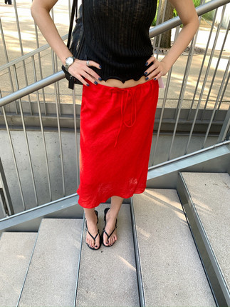 高质感轻薄亚麻 夏季新款抽绳中长款显瘦红色半身裙女