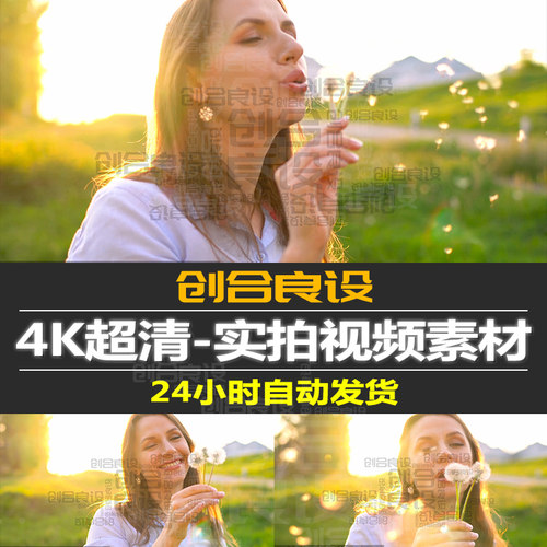 4K超清美女田野唯美画面吹蒲公英温馨浪漫爱情情景PR剪辑视频素材