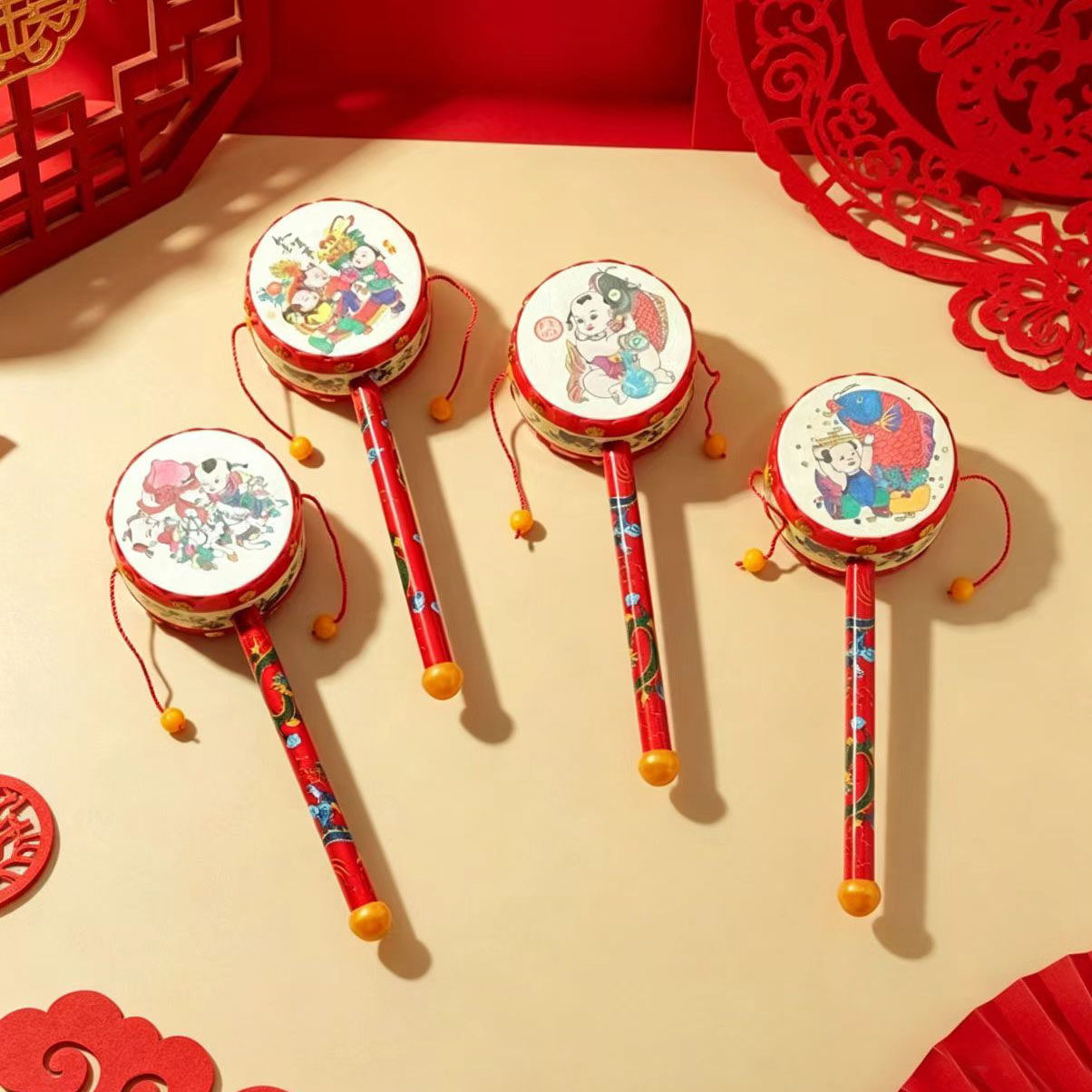 宝宝玩具 拨浪鼓古典摇铃婴幼儿玩具卡通纸皮鼓摇鼓响铃 经典吉祥