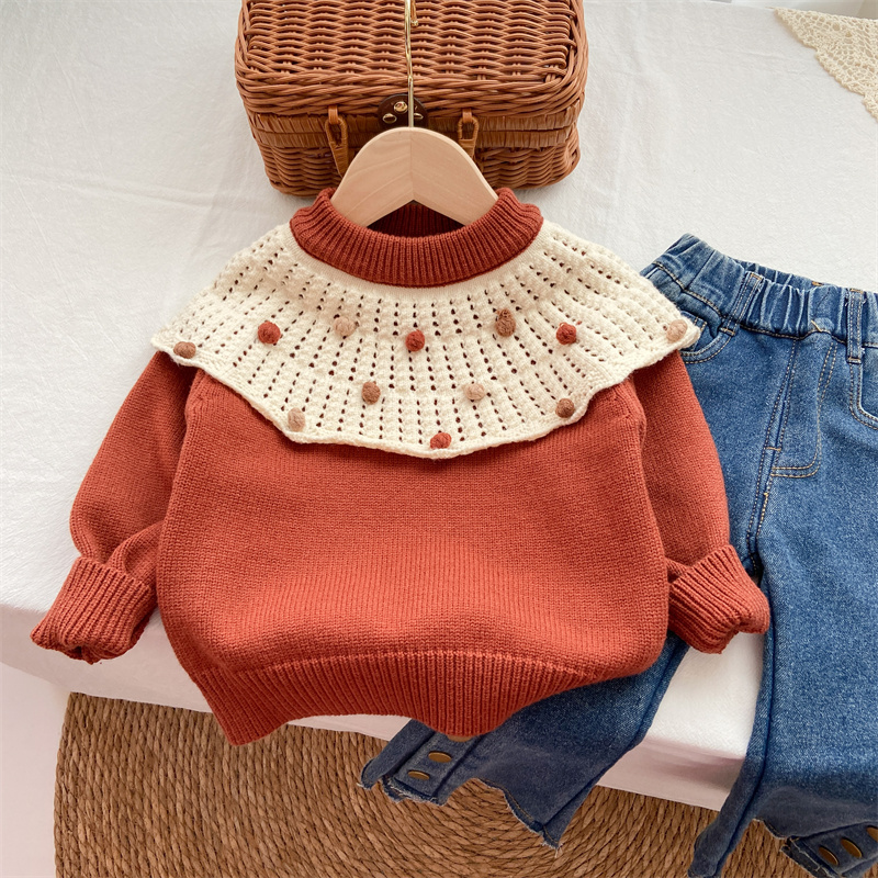 女童毛衣小童秋冬洋气斗篷圆领针织衫粉色红色打底衫时尚休闲上衣