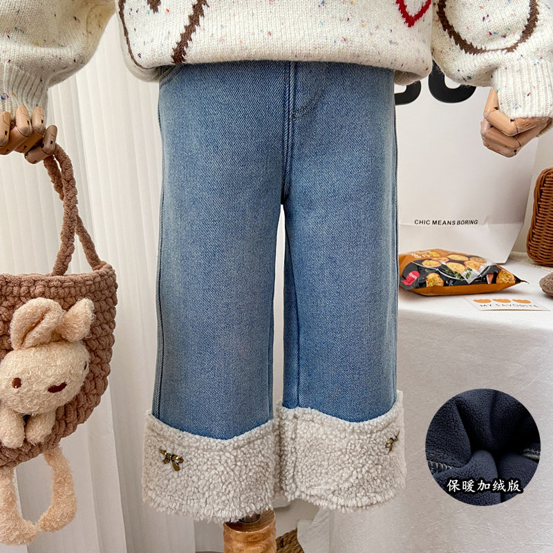 女童秋冬季新款洋气韩版牛仔裤长裤加厚加绒直筒裤窄版翻边裤子潮