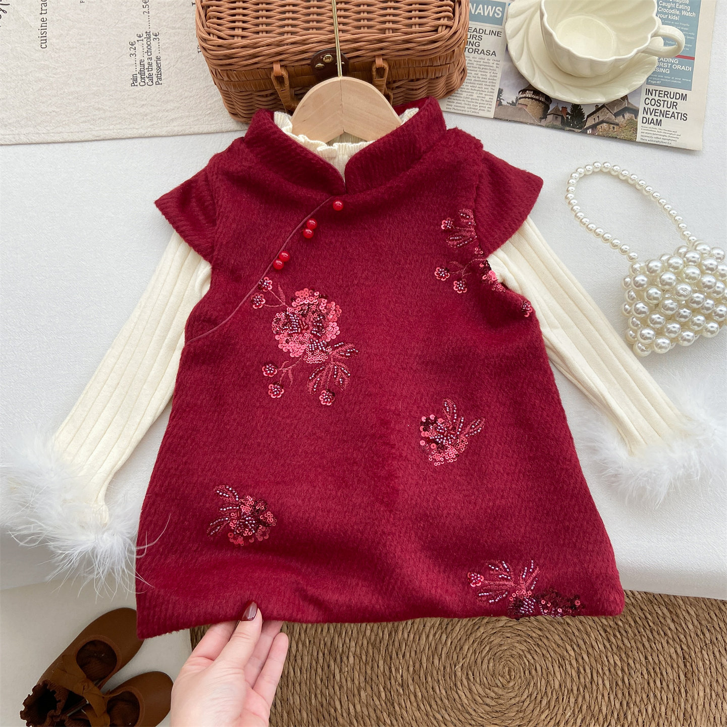 女童冬装套装宝宝中国风红色亮片加绒背心裙洋气白色针织衫两件套