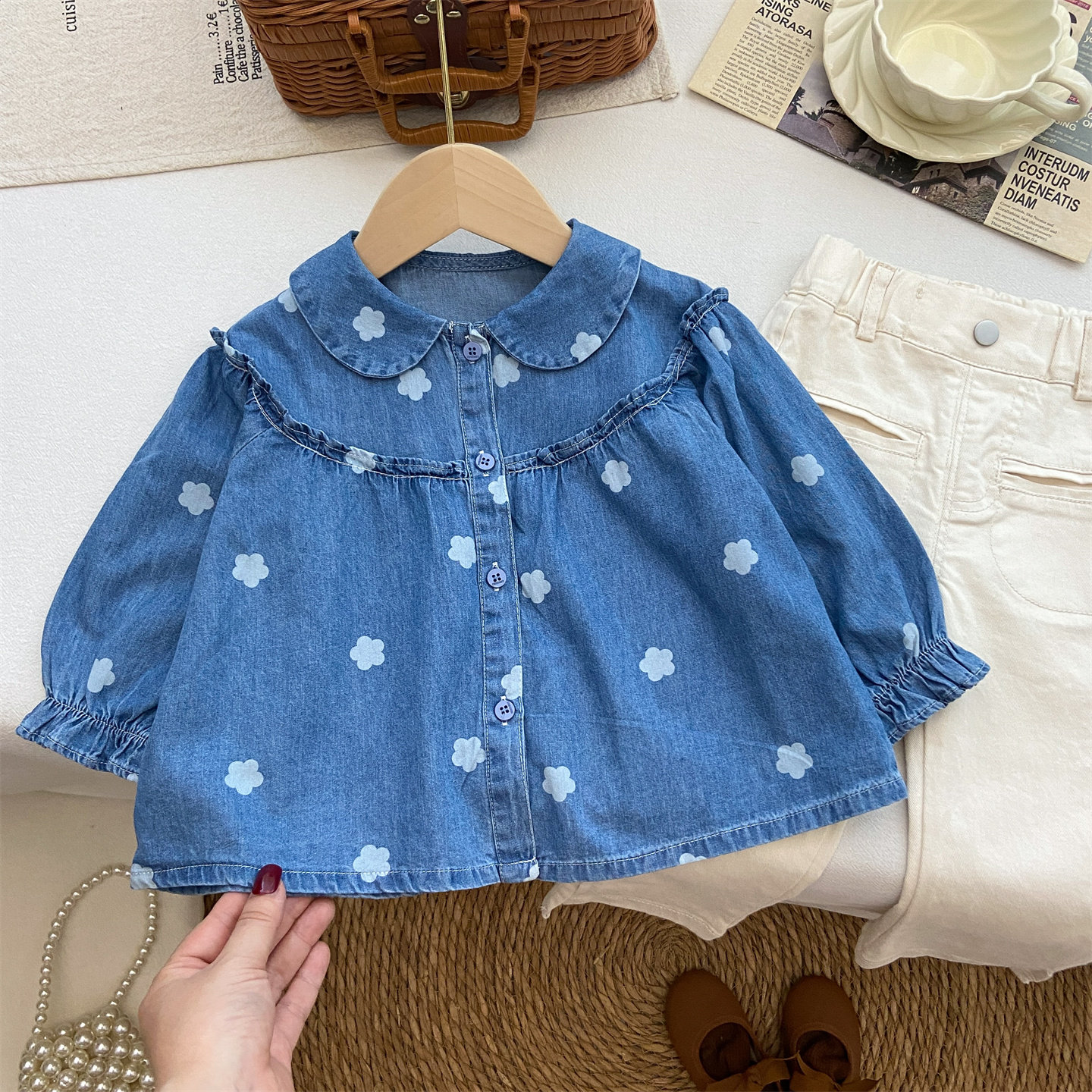 女童春装2026新款女宝宝韩版洋气长袖收口衬衫碎花牛仔上衣娃娃衫