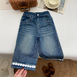 女童牛仔裤2026新款春季直筒裤小童洋气时髦精致花边长裤时尚裤子