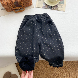 女童牛仔裤冬季加绒长裤韩版洋气时尚加厚保暖裤子时髦圆点哈伦裤