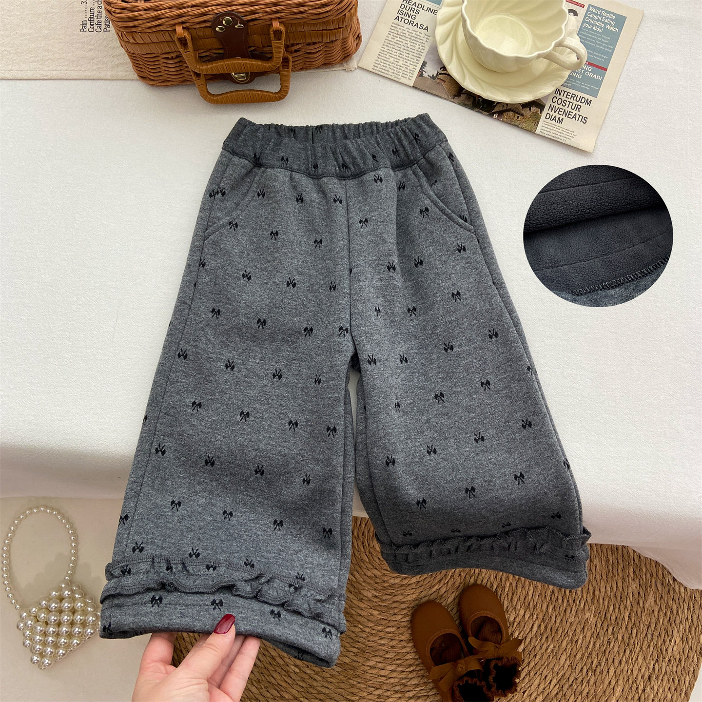 女童秋冬季新款洋气宝宝毛呢直筒裤长裤加绒阔腿裤花边蝴蝶结裤子