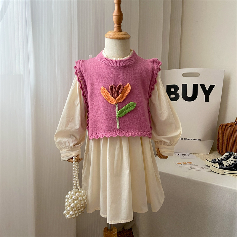 女童套装宝宝春秋季2026新款时髦洋气长袖连衣裙子针织马甲两件套