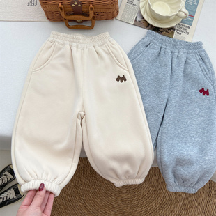 儿童卫裤女童秋冬季新款加厚羊羔绒加绒柔软休闲裤运动裤刺绣裤子