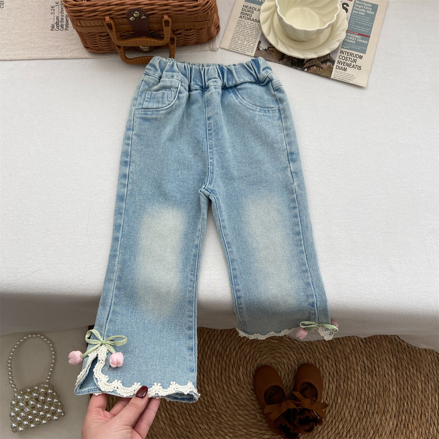 女童裤子春秋款2026新款春季花边牛仔裤洋气郁金香喇叭裤裤长裤潮,童装/婴儿装/亲子装,裤子,淘宝优惠券,粉丝福利购,淘宝优惠卷
