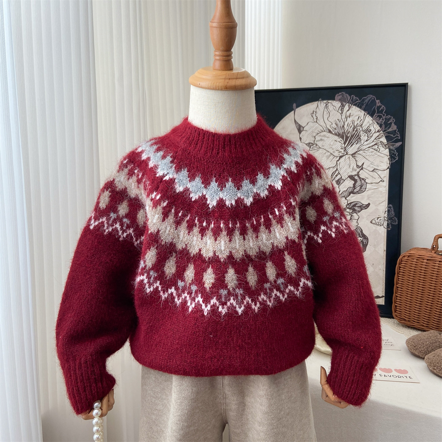 女童红色毛衣2025新款冬季圆领针织衫新年加厚上衣菱形格打底衫潮