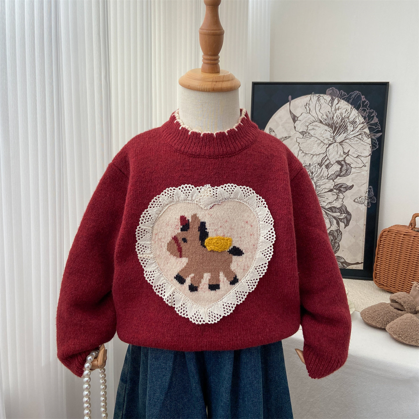 女童红色毛衣2025新款冬季加绒针织衫加厚保暖内搭新年小马上衣潮