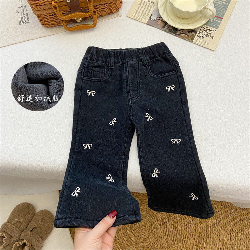 女童牛仔裤秋冬喇叭裤洋气时髦弹力刺绣蝴蝶结长裤加绒一体绒裤子