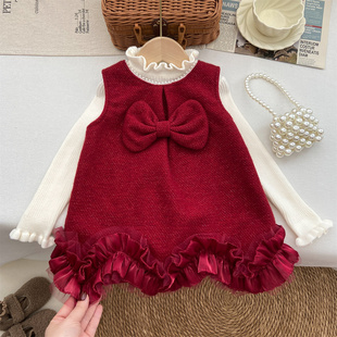 女童套装2025新款洋气韩系红色套裙蝴蝶结加绒毛呢背心裙白色毛衣