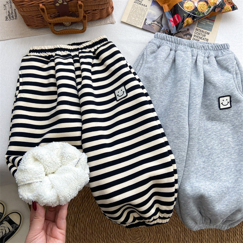 女童加绒裤子2025新款儿童冬季保暖加厚羊羔绒卫裤条纹裤保暖长裤