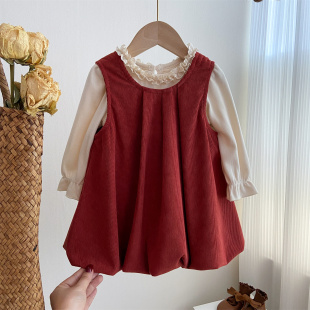 女童套装2026春季新款宝宝韩系洋气长袖花边圆领t恤背心裙连衣裙