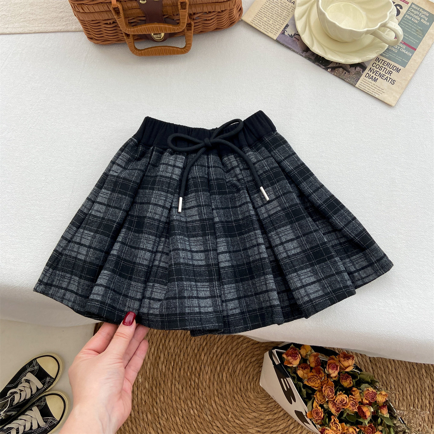 女童裙子秋冬2025新款宝宝韩系洋气毛呢格子裙短裙百褶裙半身裙潮