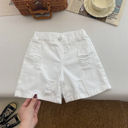 女童裤子夏季短裤洋气时髦白色破洞牛仔裤五分裤儿童新款宽松中裤