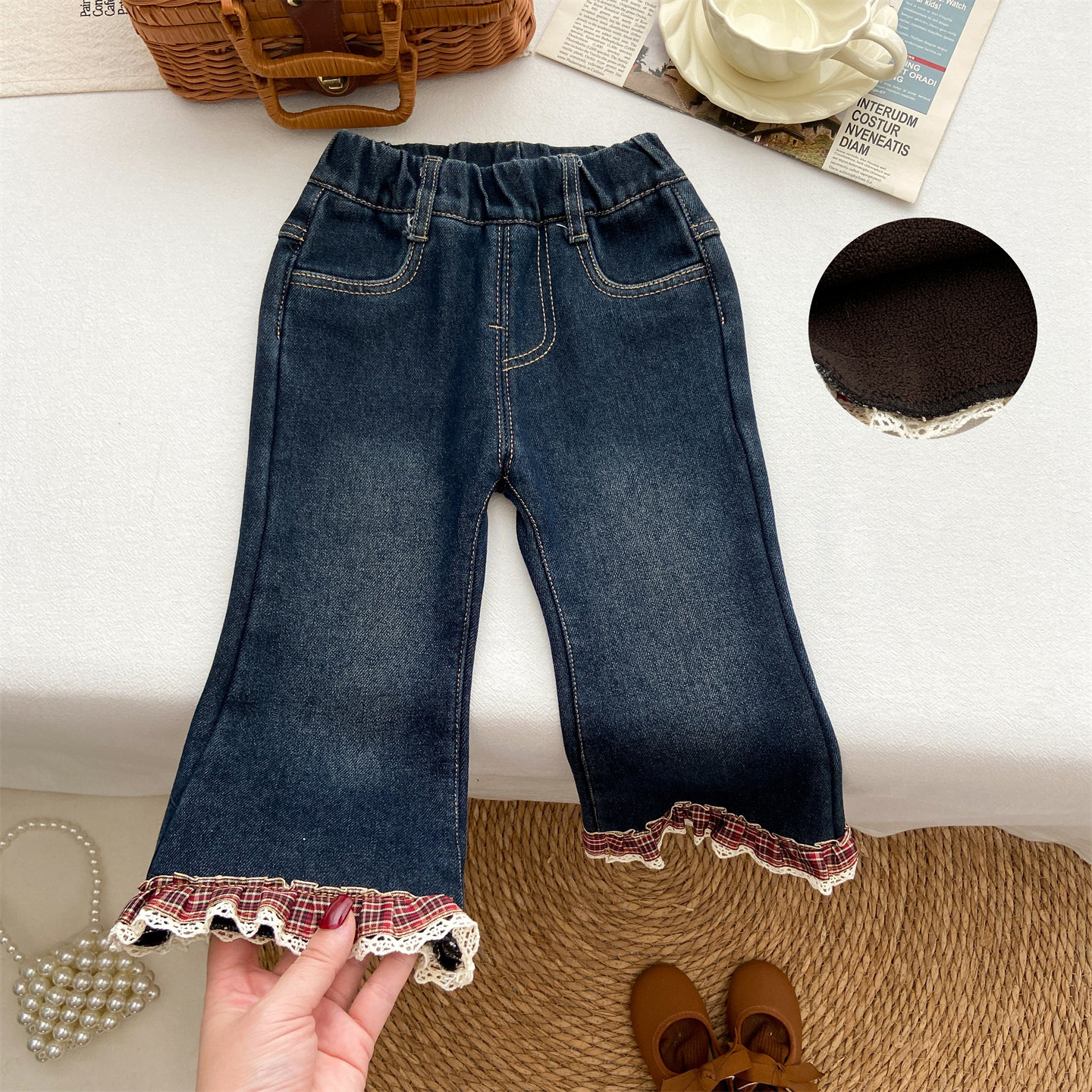 女童牛仔裤秋冬喇叭裤洋气时髦弹力格子花边长裤宝宝时尚加绒裤子