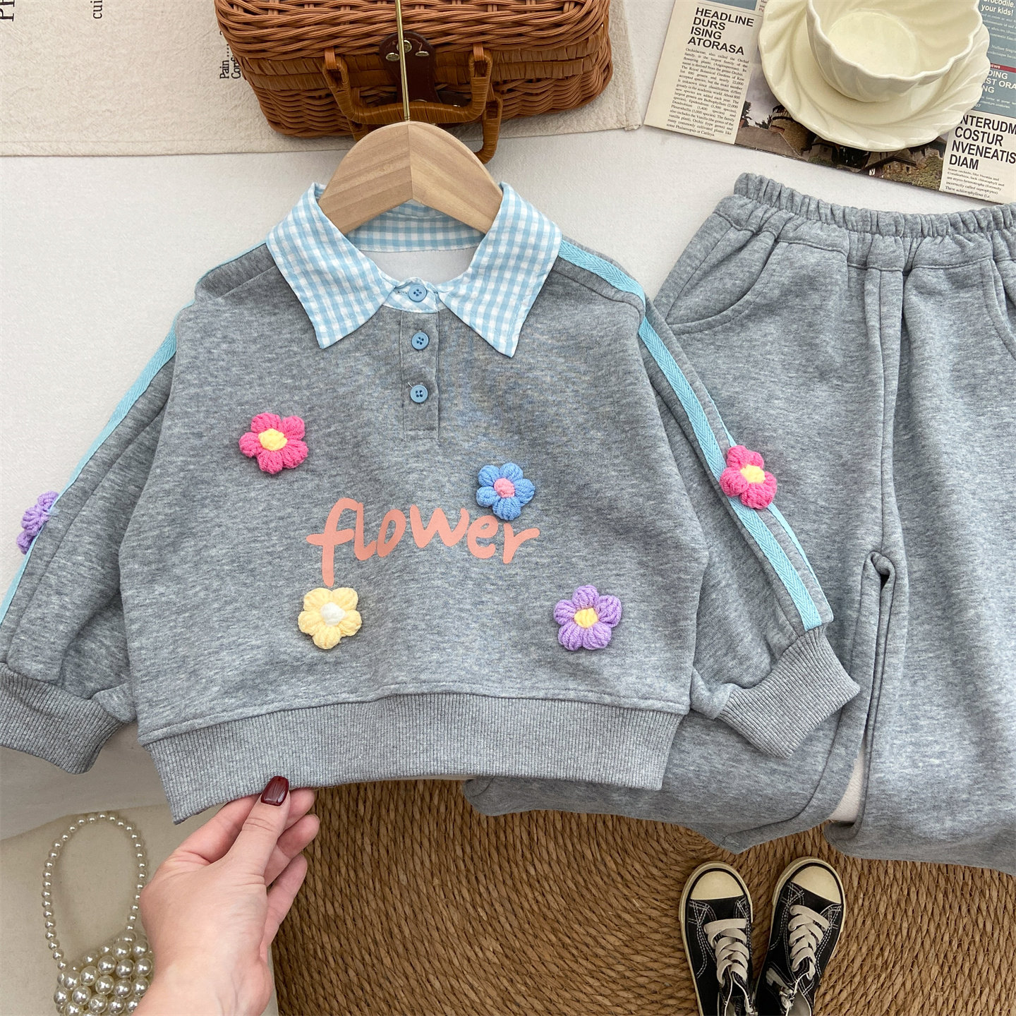 女童春装套装2026新款时髦洋气宝宝韩系花朵翻领卫衣阔腿裤卫裤潮