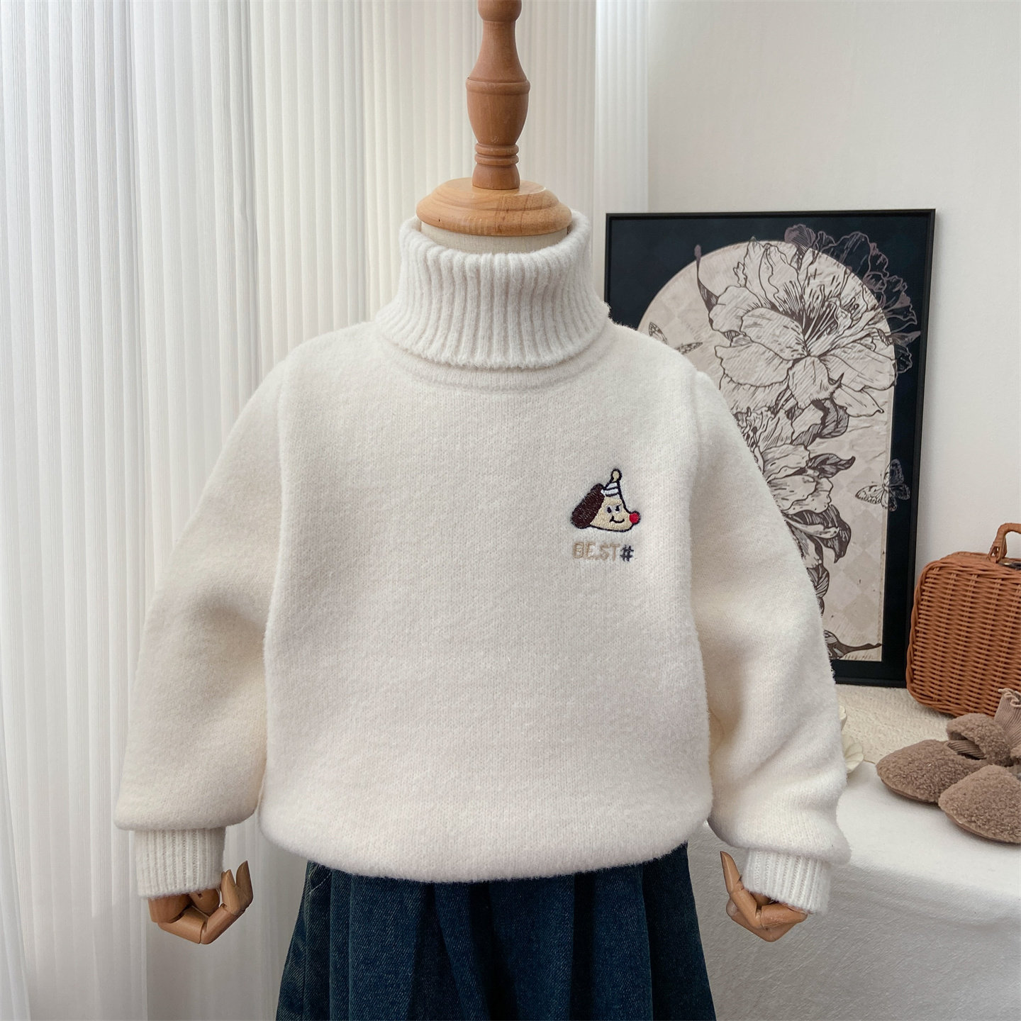 女童毛衣冬季2025新款洋气加绒高领针织衫刺绣小狗加厚保暖打底衫