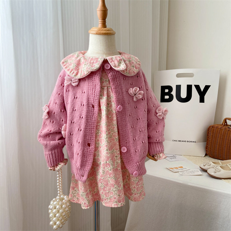 女童春秋套装连衣裙2026新款小童时髦长袖碎花裙宝宝时尚毛衣开衫