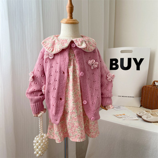 女童春秋套装连衣裙2026新款小童时髦长袖碎花裙宝宝时尚毛衣开衫