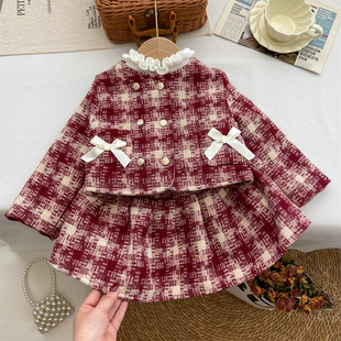 女童秋冬套装2025新款时髦洋气宝宝加绒毛呢外套格子短裙两件套潮