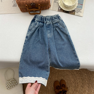 女童裤子春秋款2026新款春季牛仔裤阔腿裤时髦宽松花边直筒裤长裤